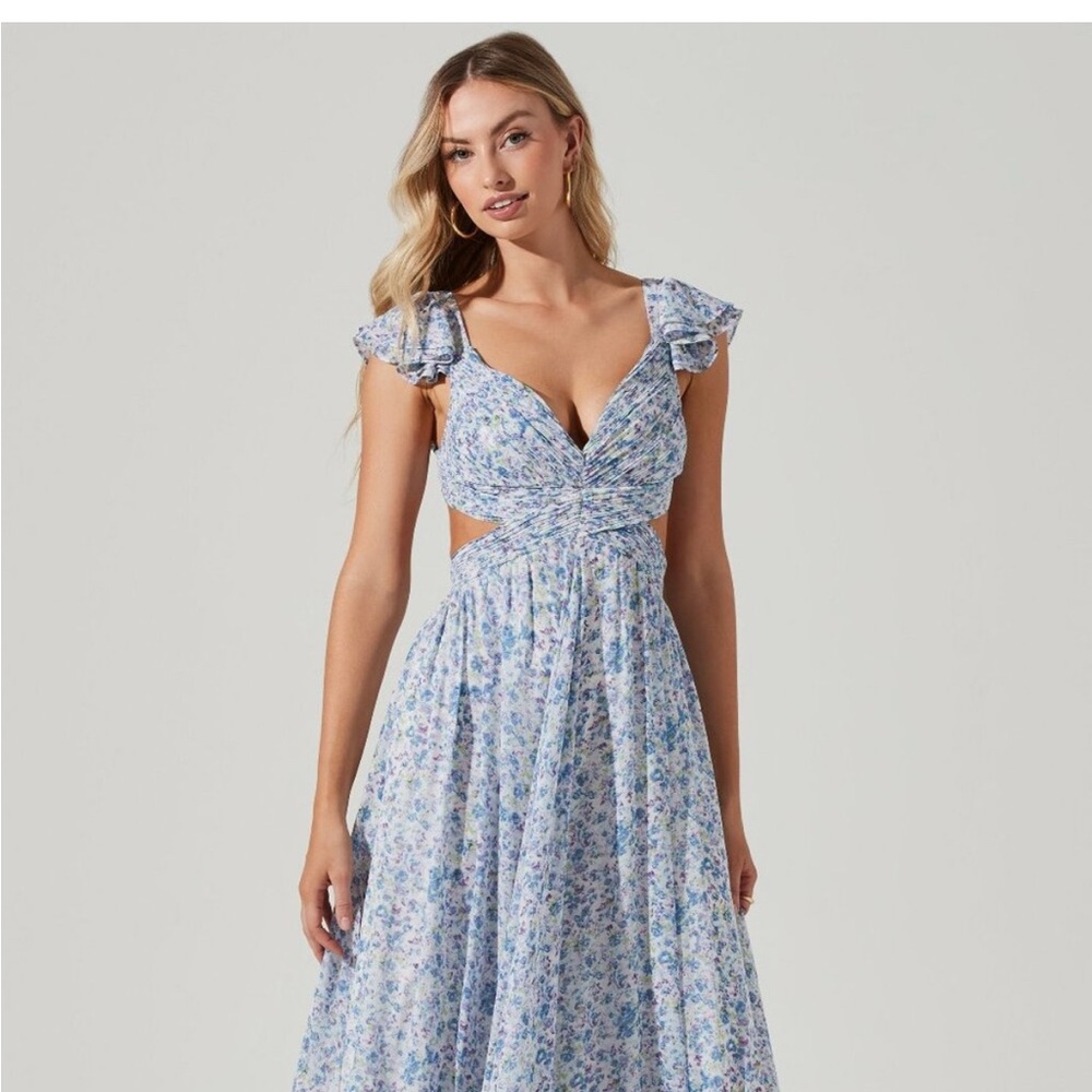 Floral Light Blue Maxi Dress with Cutout Details